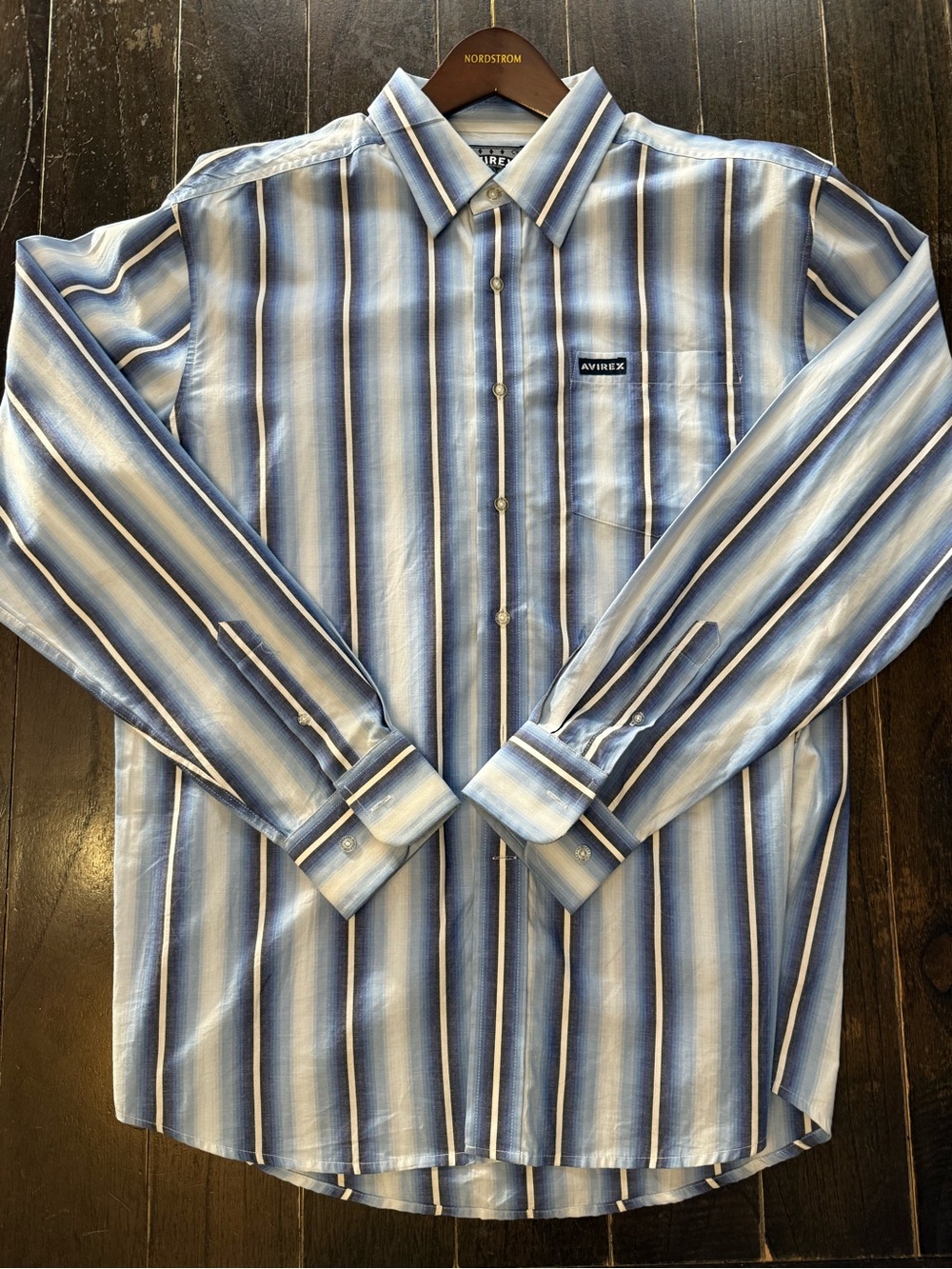 Avirex Y2K Men’s Blue, Black and White Vertical Stripe Button-Down Shirt Size L